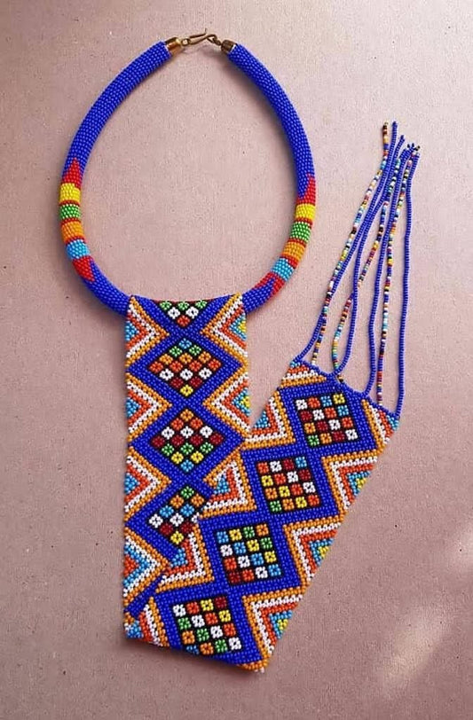 African Beaded Long Tassel Necklace, Maasai/Zulu, Deep Blue