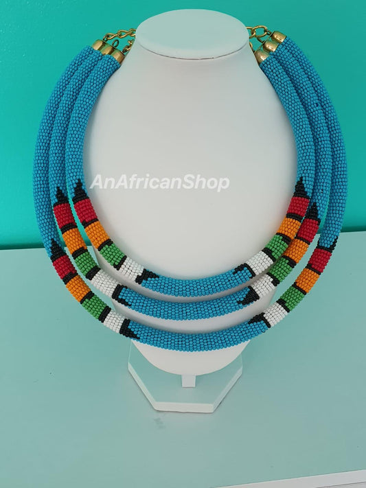 African beaded necklace, Maasai/Zulu beads. 3-in-1, Blue