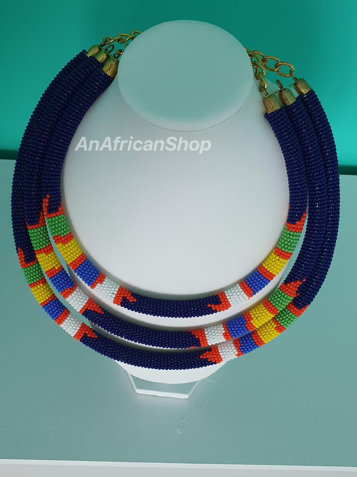 African beaded necklace, Maasai/Zulu beads. 3-in-1, Navy