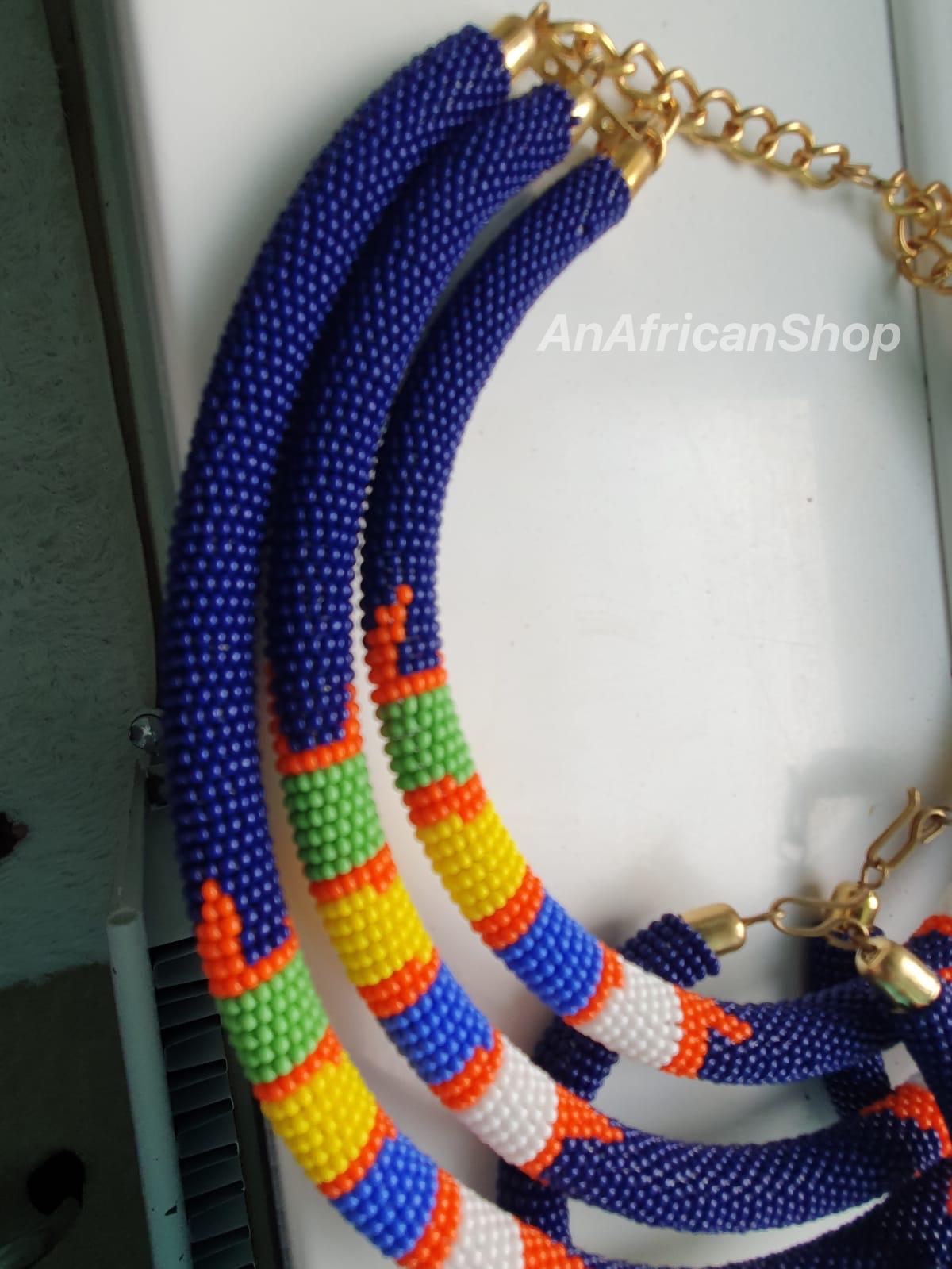 African beaded necklace, Maasai/Zulu beads. 3-in-1, Navy