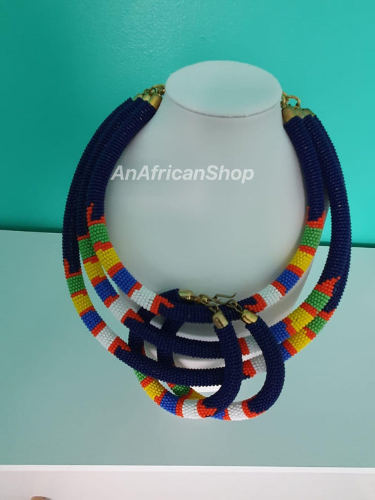 African beaded necklace, Maasai/Zulu beads. 3-in-1, Navy