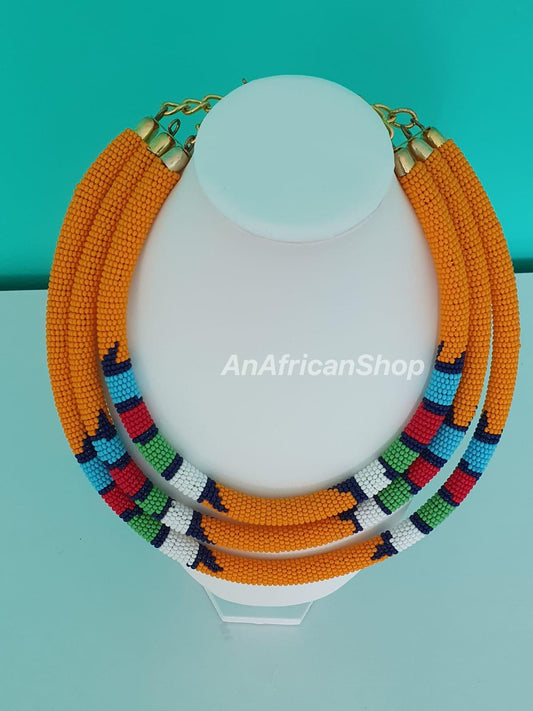 African beaded necklace, Maasai/Zulu beads. 3-in-1, Orange