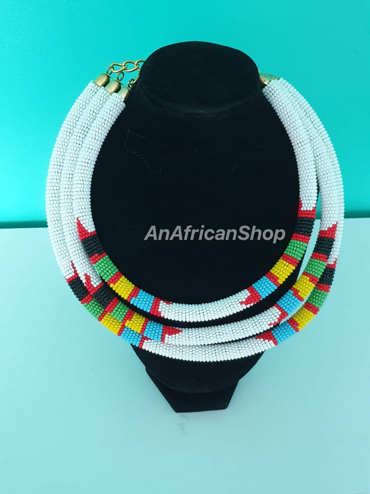 African beaded necklace, Maasai/Zulu beads. 3-in-1, White