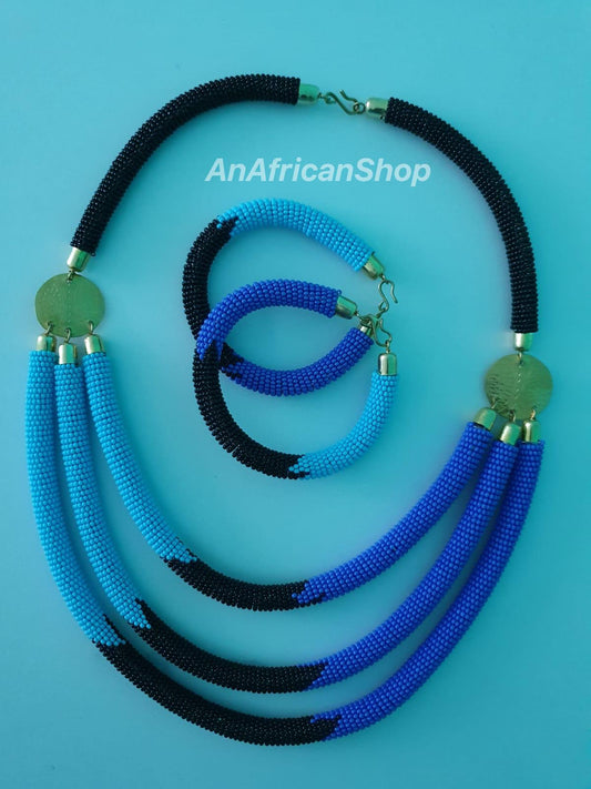 Necklace Set in Light Blue/Black/Electric Blue