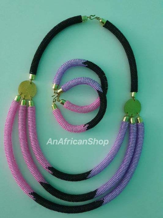 Necklace Set in Pink/Black/Lilac