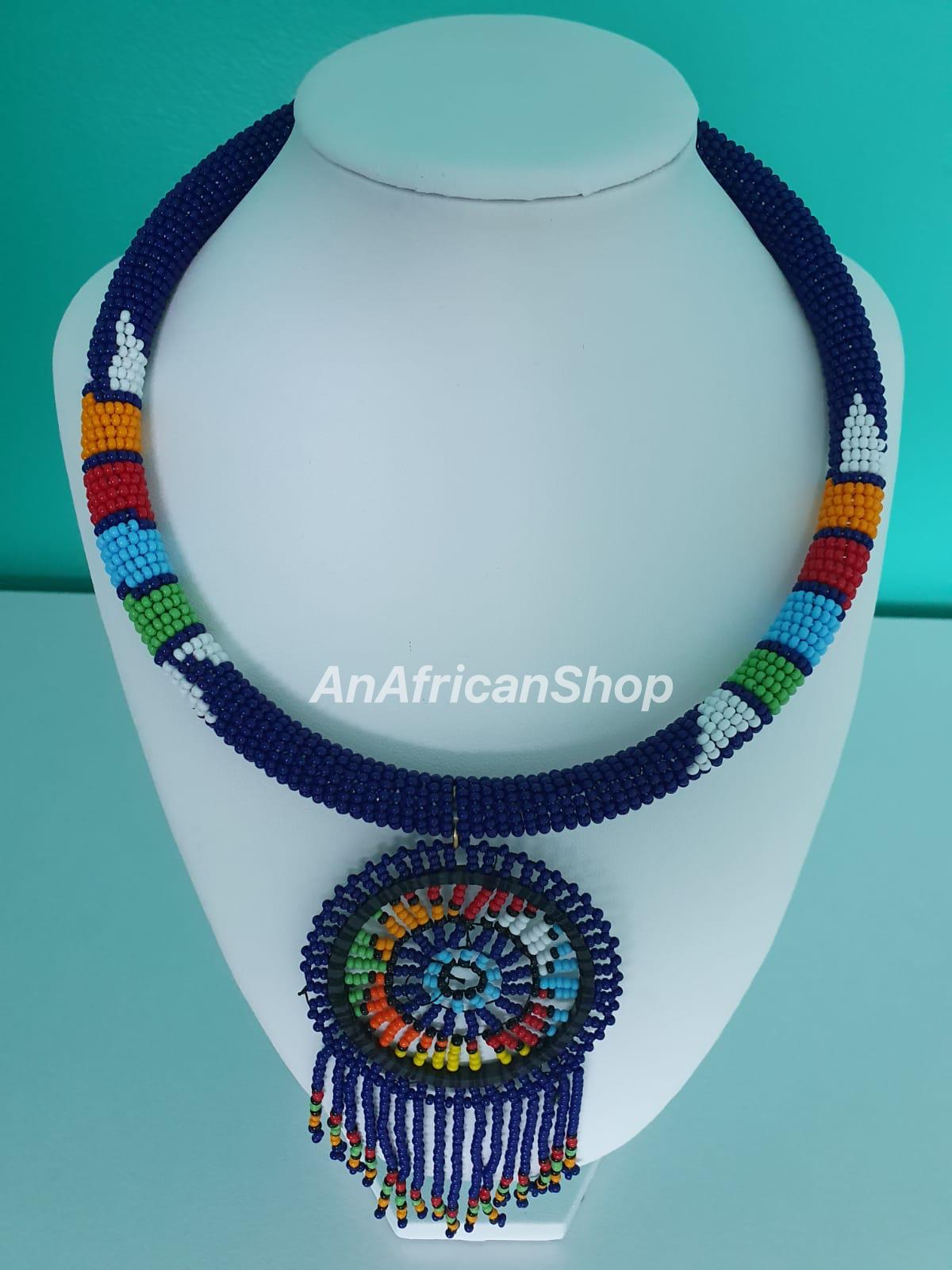 Short Circle-fringe necklace, Navy