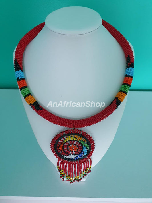 Short Circle-fringe necklace, Red