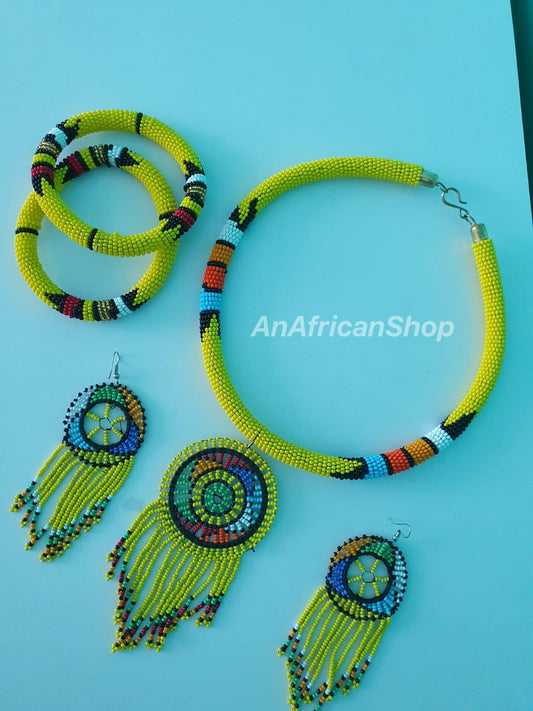 Necklace Set, Circle Fringe design, Yellow