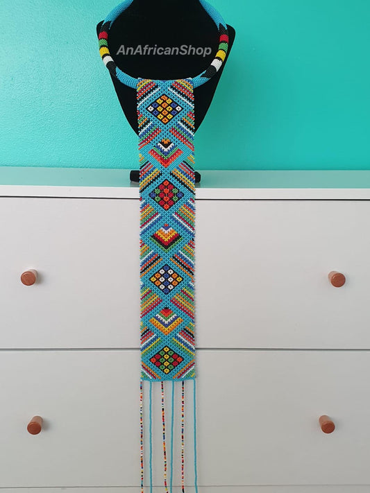 African Beaded Long Tassel Necklace, Light Blue