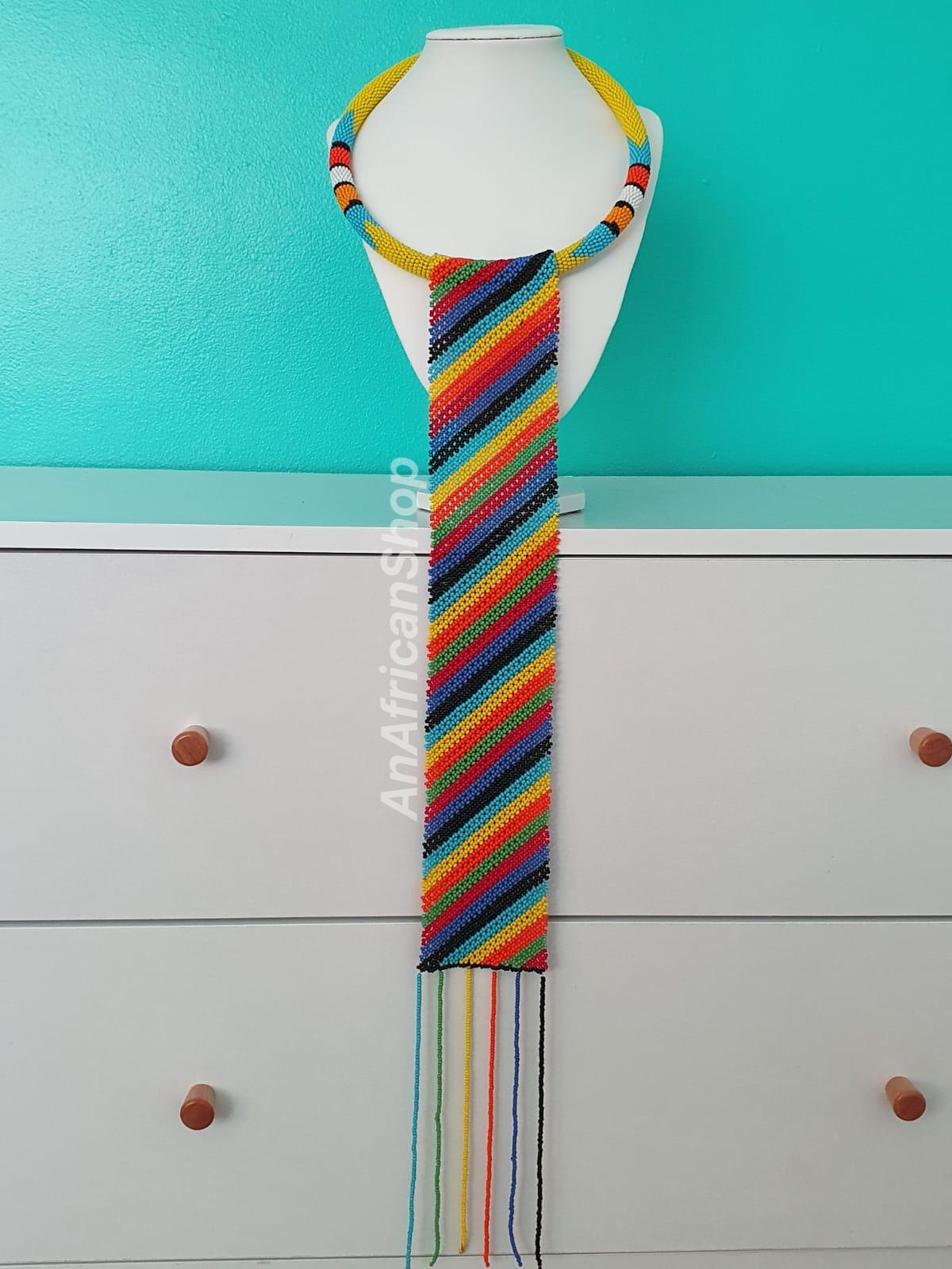 African Beaded Long Tassel Necklace, Rainbow Diag