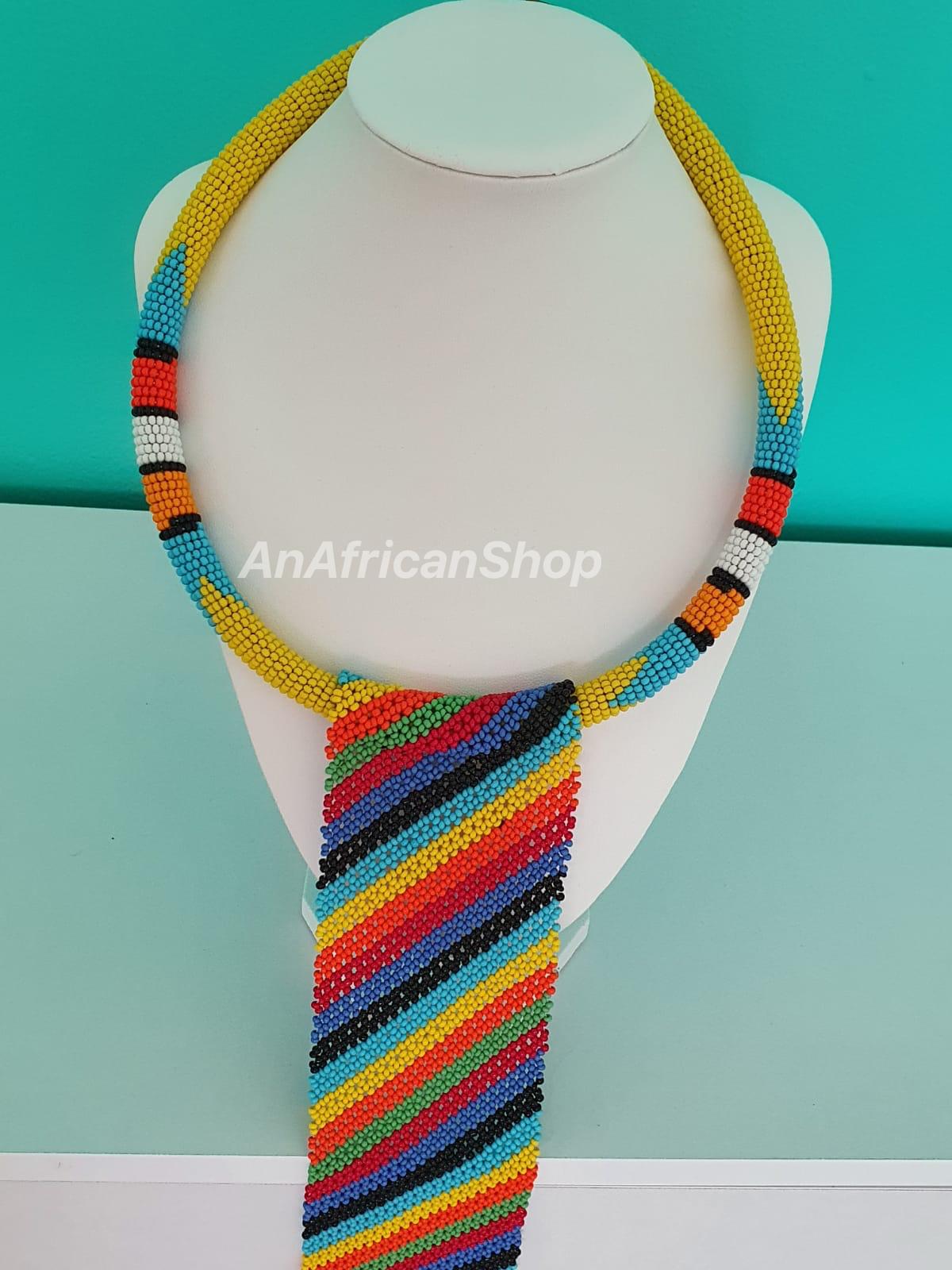 African Beaded Long Tassel Necklace, Rainbow Diag