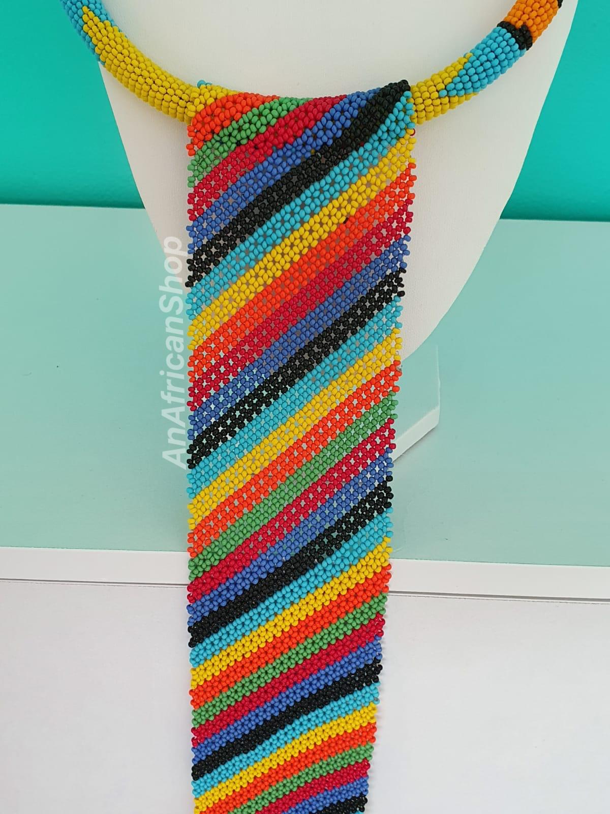 African Beaded Long Tassel Necklace, Rainbow Diag