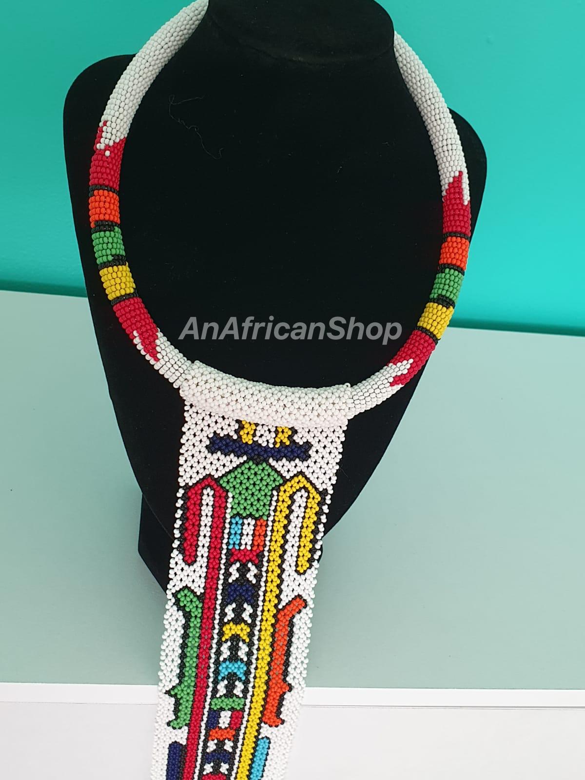 African Beaded Long Tassel Necklace, White