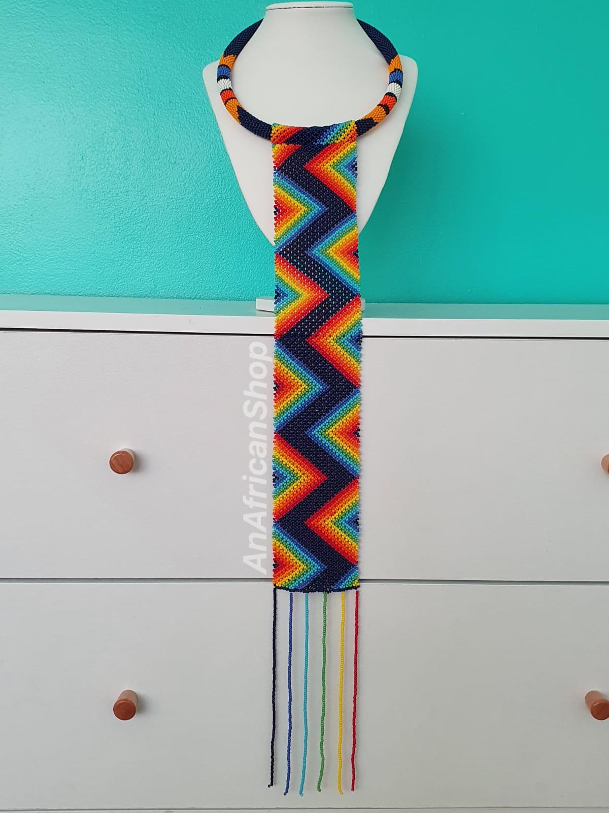 African Beaded Long Tassel Necklace, Rainbow Zig