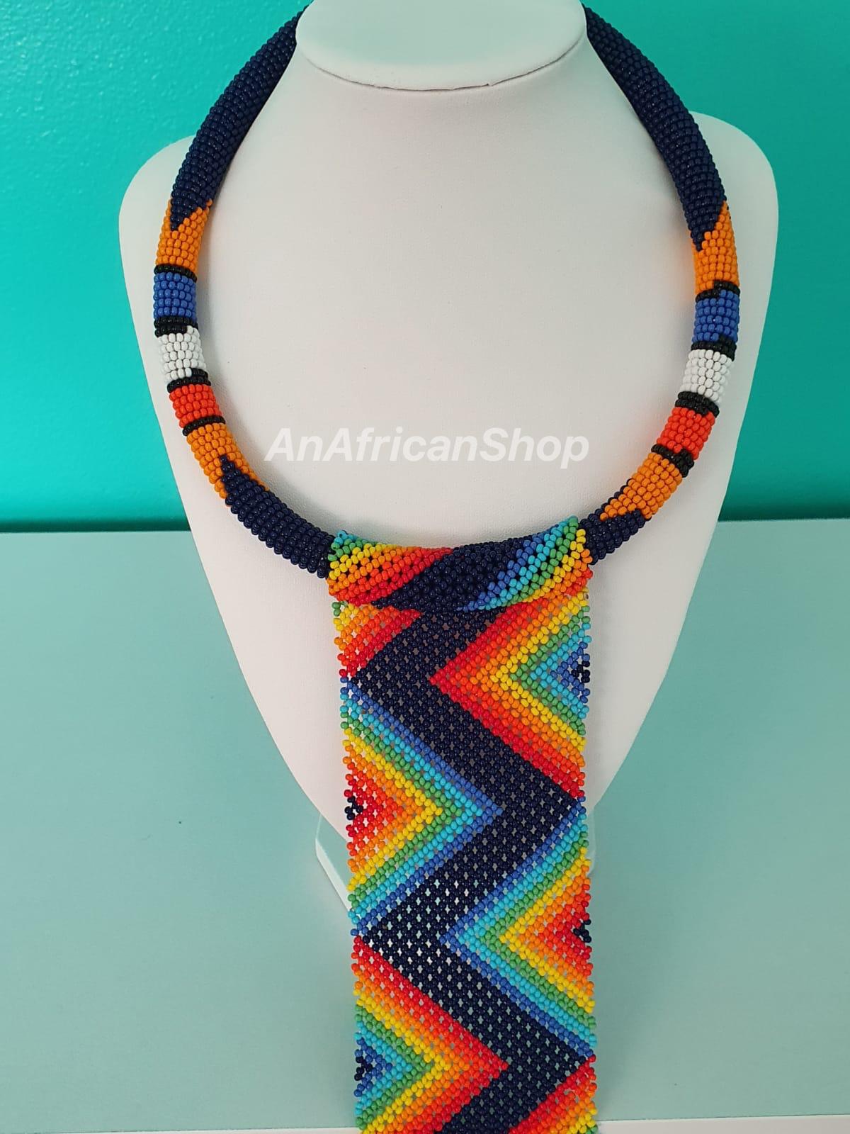 African Beaded Long Tassel Necklace, Rainbow Zig