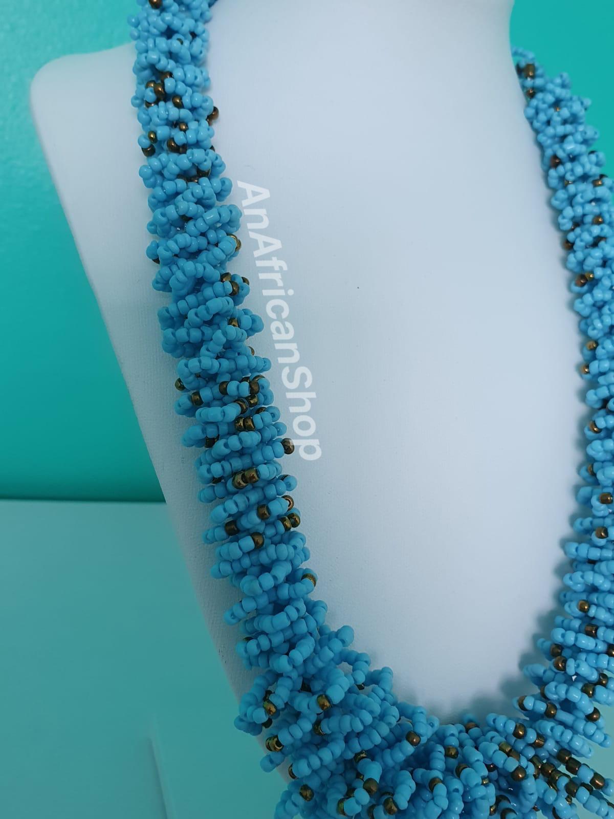 Curly Wurly beaded necklace, Maasai/Zulu beads, Light Blue