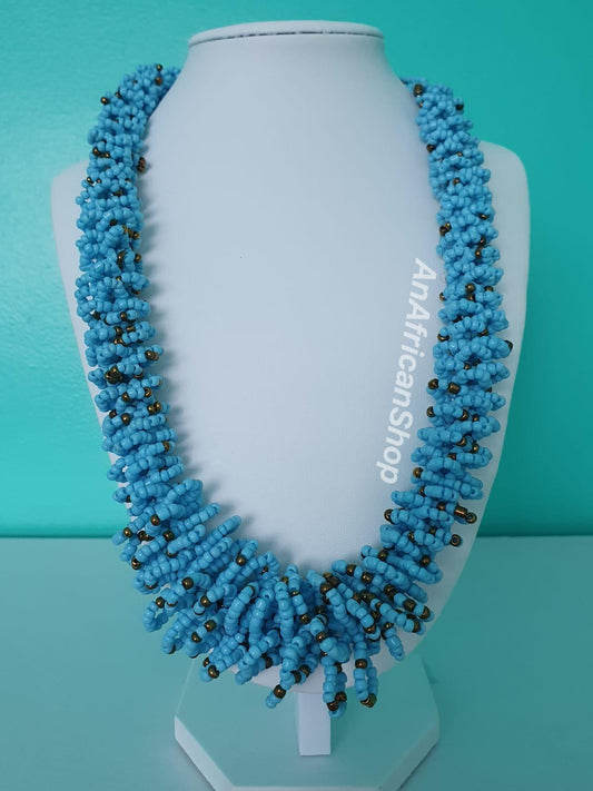 Curly Wurly beaded necklace, Maasai/Zulu beads, Light Blue
