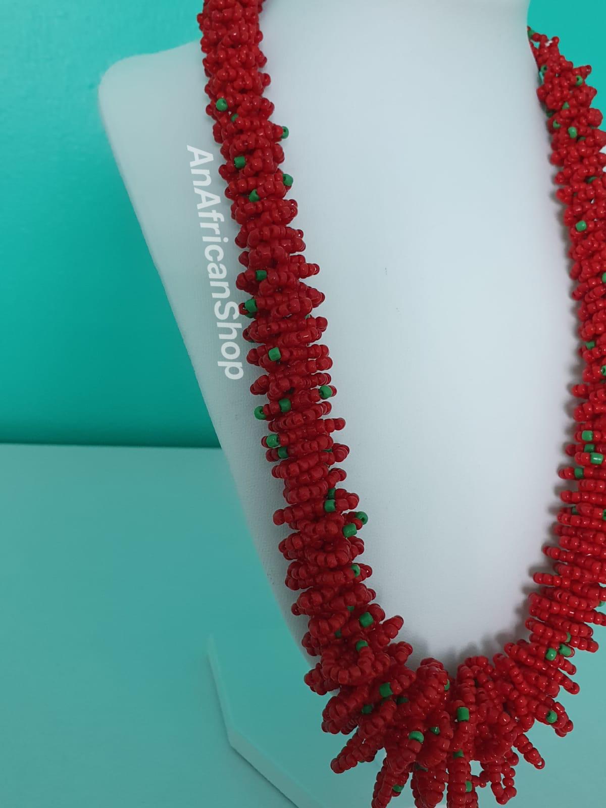 Curly Wurly beaded necklace, Maasai/Zulu beads, Red