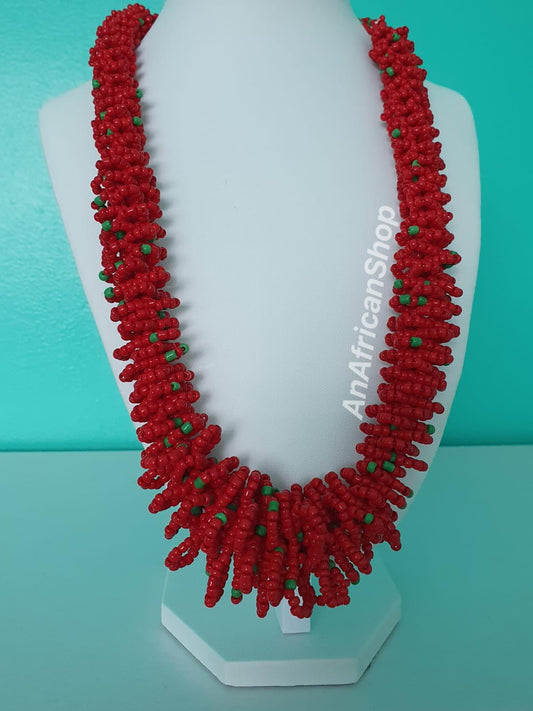 Curly Wurly beaded necklace, Maasai/Zulu beads, Red
