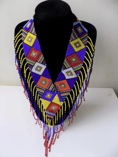 African beaded necklace, V-design, Purple