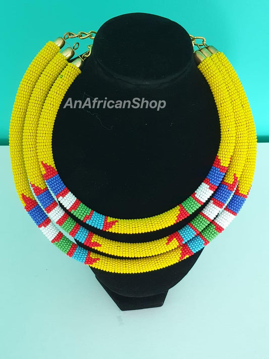 African beaded necklace, Maasai/Zulu beads. 3-in-1, Yellow