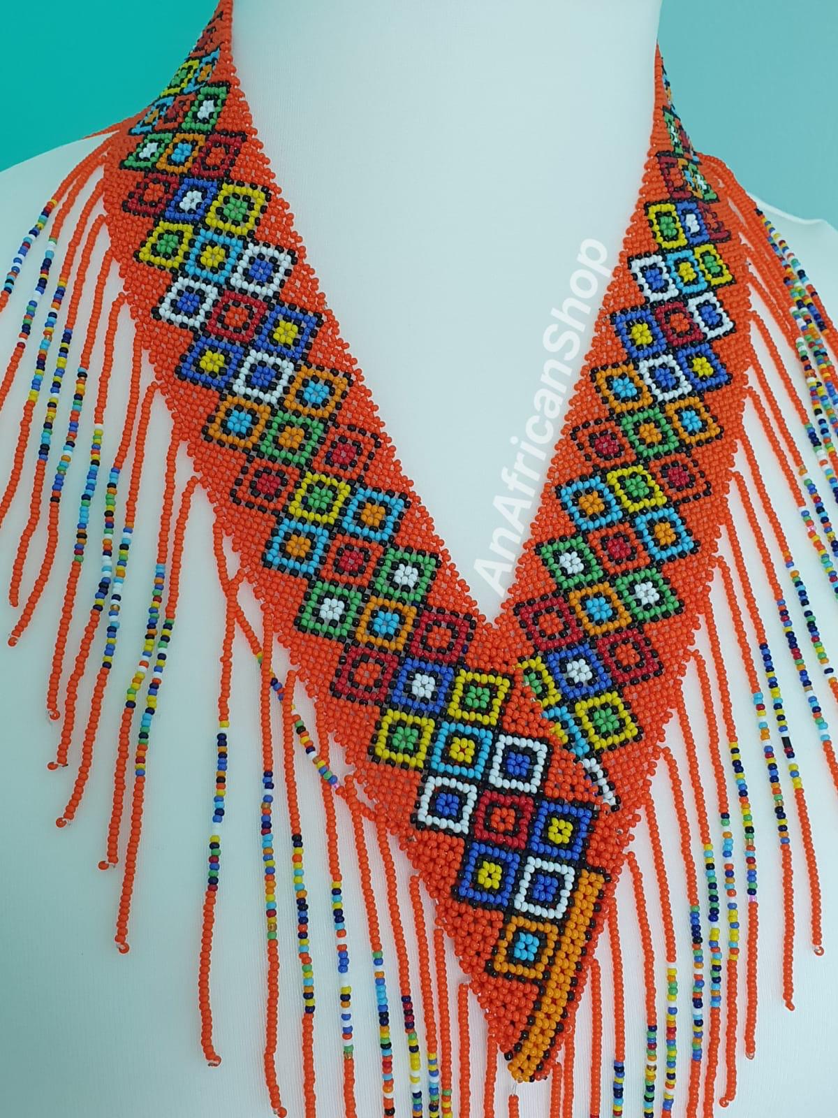 African beaded necklace, V-design, Orange