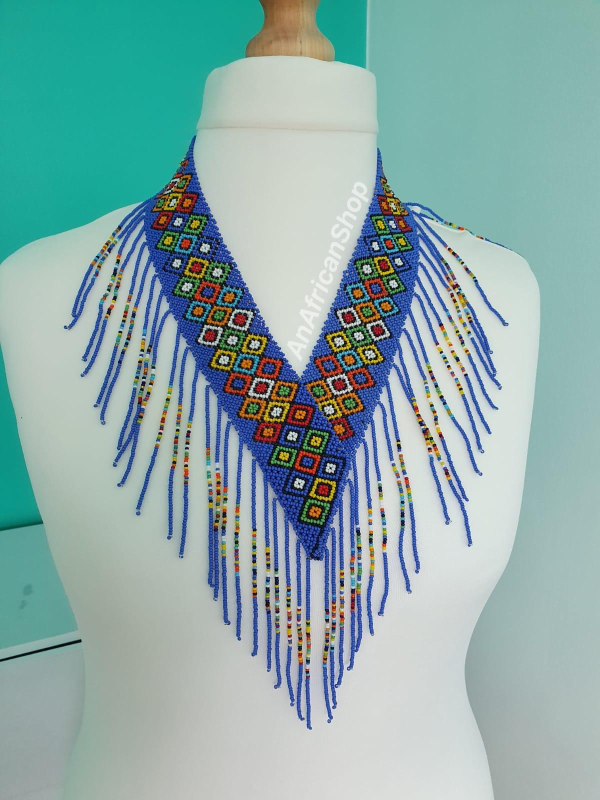 African beaded necklace, V-design, Blue