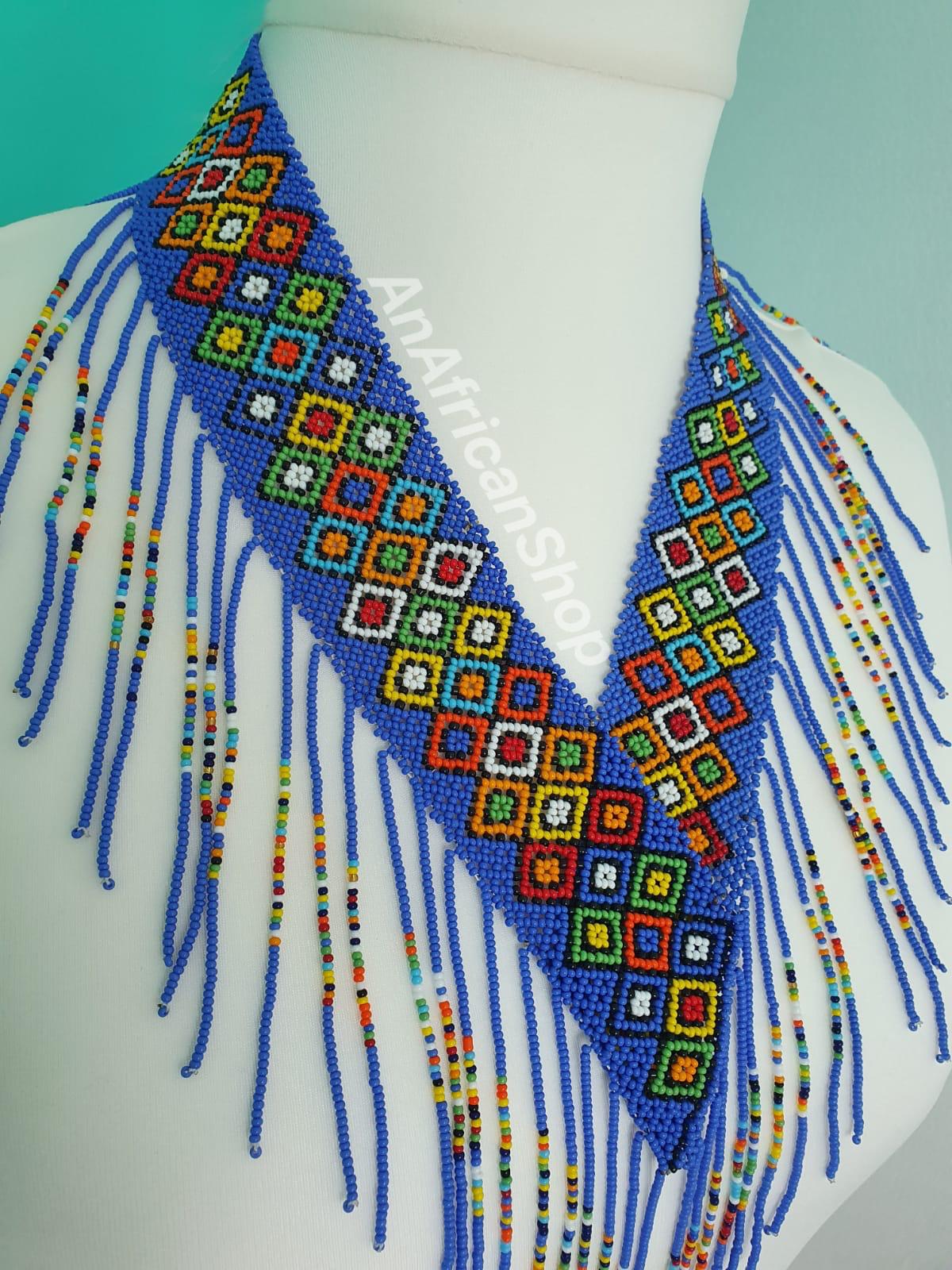 African beaded necklace, V-design, Blue