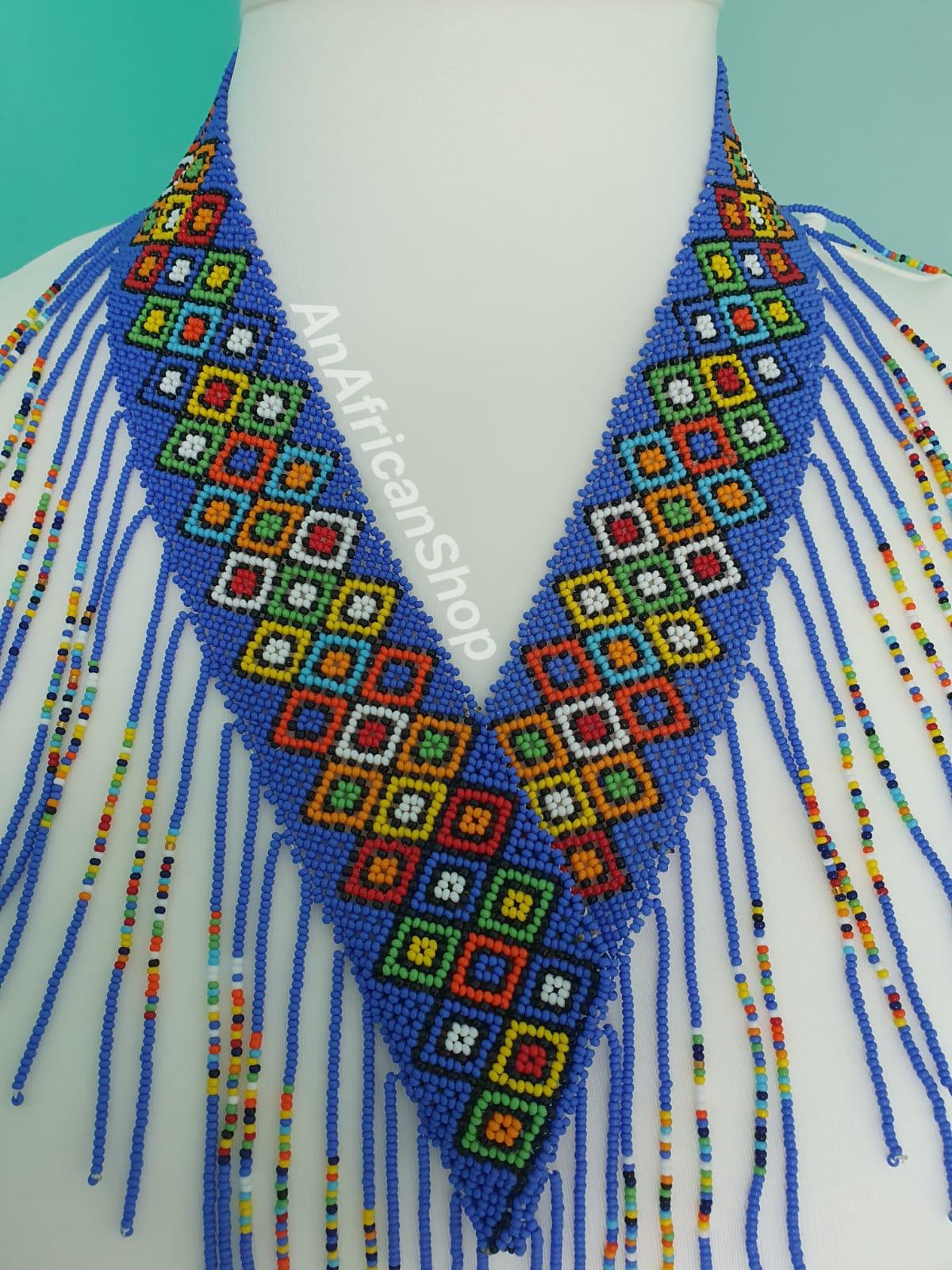 African beaded necklace, V-design, Blue