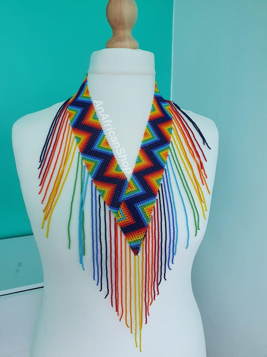 African beaded necklace, V-design, Rainbow