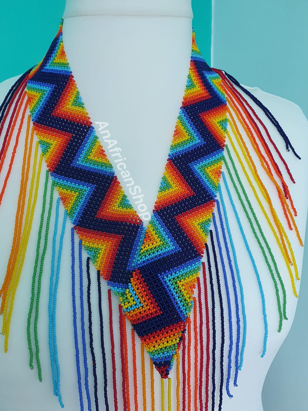 African beaded necklace, V-design, Rainbow